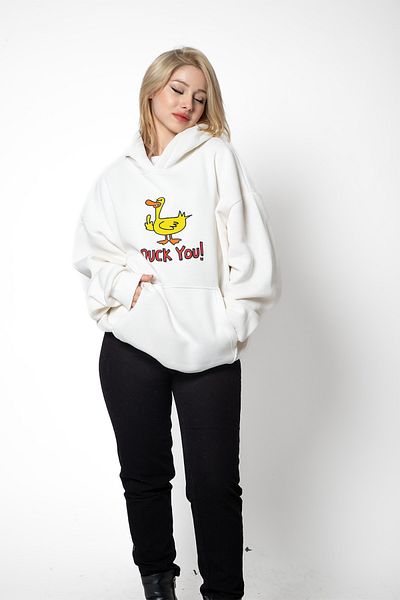 Bak Moda Duck You Printed Oversize Unisex Premium White Hoodie