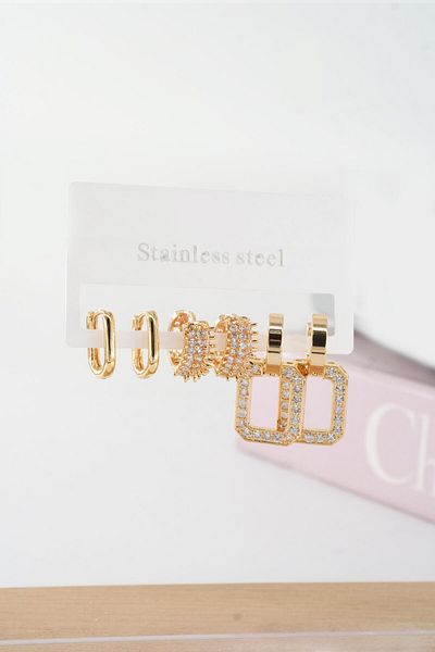 By Zeyna Aksesuar Women's Vip Series Baguette Zircon Cubic Zirconia Clip-On Set of 6 Earrings
