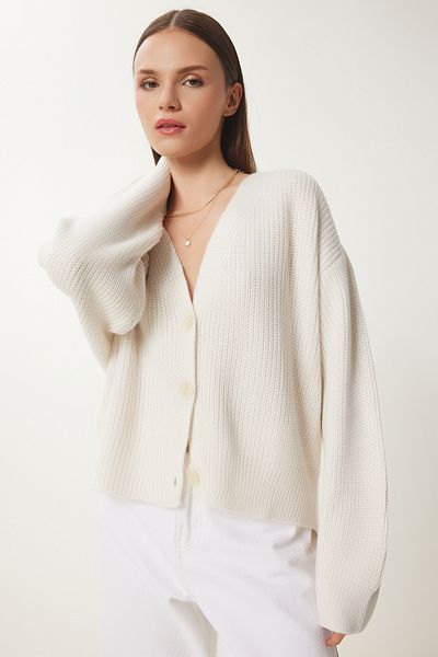 Lovelyİstanbul V-Neck Buttoned Knitwear Cardigan Bone Lmx0066