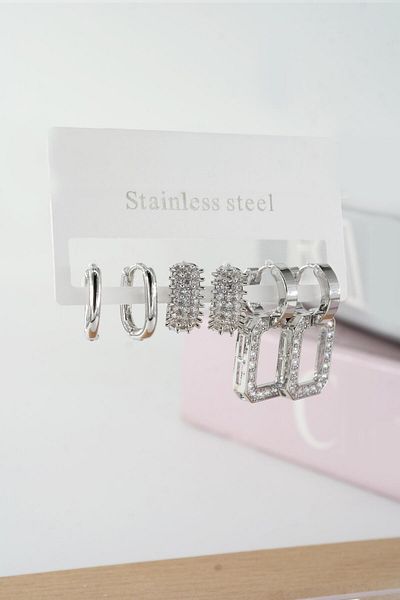 By Zeyna Aksesuar Women's Vip Series Baguette Zircon Cubic Zirconia Clip-On Set of 6 Earrings