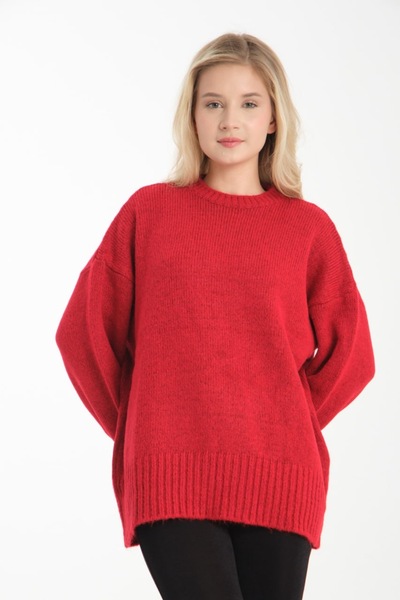 İLKCET MODA Oversize Basic Red Long Women's Sweater