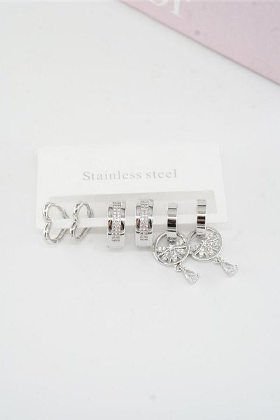 By Zeyna Aksesuar Women's Vip Series Baguette Zircon Cubic Zirconia Clip-On Set of 6 Earrings