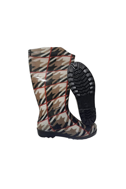 Emek Kadın Bej-Kırmızı Çizgili 35 Cm Uzun Bahçe Yağmur Çizmesi EMKK309-210