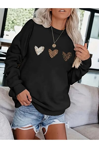 WOODROFFE سويت شيرت نسائي بطبعة جلد الفهد ورقبة دائرية مقاس كبير باللون الأسو...