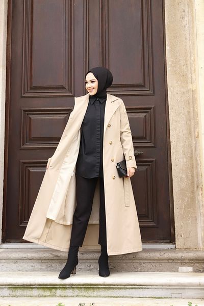 PİNK FLY Γυναικεία καμπαρντίνα Hijab - Διπλό γιακά, Φόδρα, Μακριά, Κρεμ