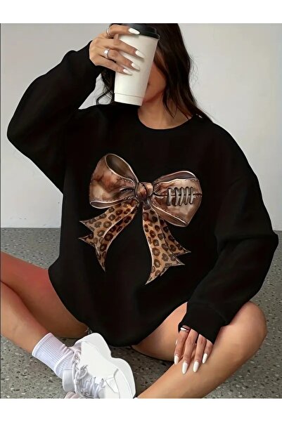 WOODROFFE سويت شيرت نسائي بطبعة جلد الفهد ورقبة دائرية مقاس كبير باللون الأسو...