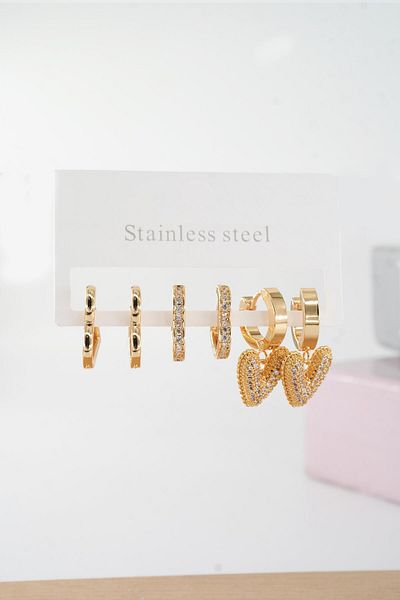 By Zeyna Aksesuar Women's Vip Series Baguette Zircon Stone Heart Model Clip-On Set of 6 Earrings