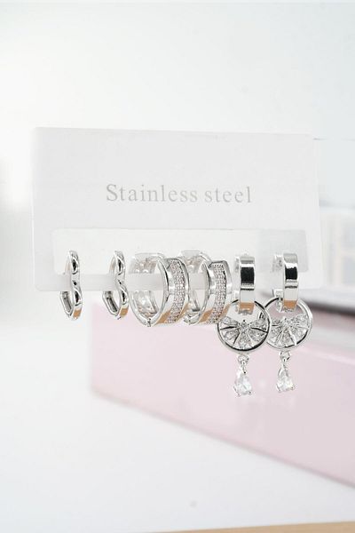 By Zeyna Aksesuar Women's Vip Series Baguette Zircon Cubic Zirconia Clip-On Set of 6 Earrings