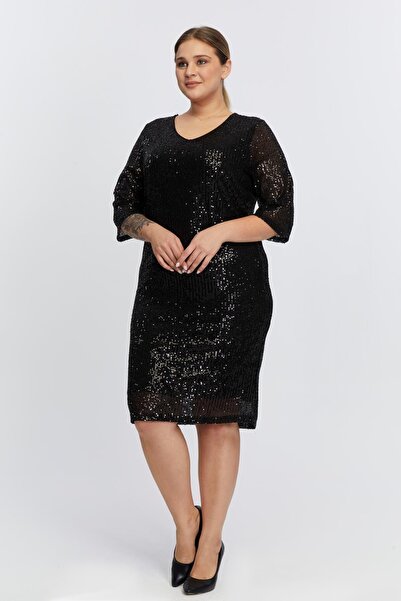 Imagine Giyim Plus Size Black Evening Dress with Sequin Detail - Glamorous and Elegant Design