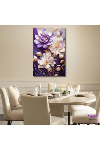 abartart Tekli Dikey Kanvas Şık Salon Tablosu Mor ve Krem Rengi Çiçekler