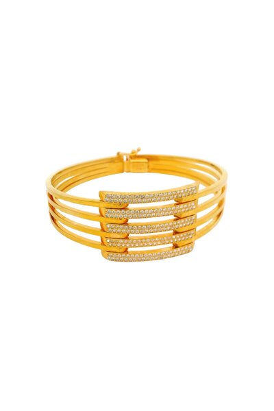 Altınöz Mücevherat Zirkon Taş Detaylı Geniş Kaburga Model Yeşil Altın Kelepçe Bilezik