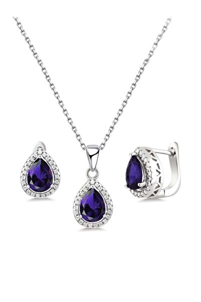 Brezza Lusso Jewelry Damla Model Safir Mavisi Zirkon Taşlı Gümüş Kolye Küpe Seti