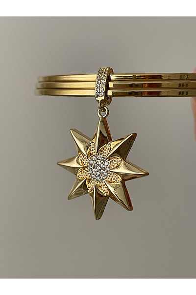 JELLY 14k Altın Kaplama Yıldız Charmlı Çağla Model Kolye Ucu Ve Çelik 3'lü Ajda Bilezik Seti