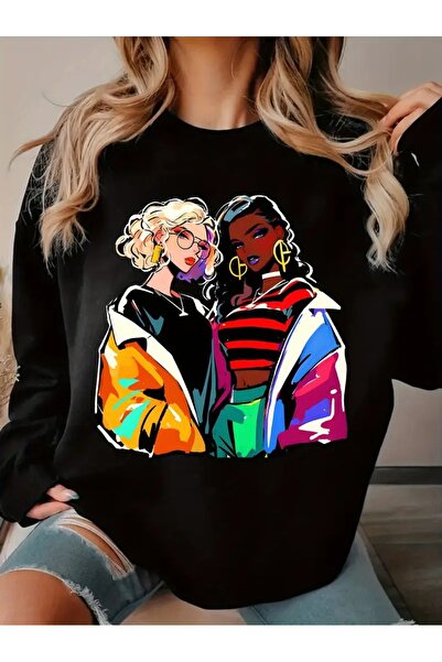 WOODROFFE سويت شيرت أسود كبير الحجم برقبة دائرية مطبوع عليه صورة نسائية