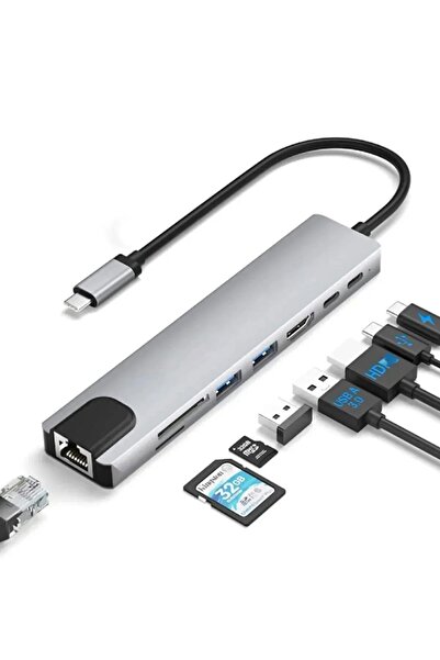 Derwell Yeni Nesil Ethernet Girişi Usb Çoklayıcı 8in1 Usb Typec Hub Port Hdmi...