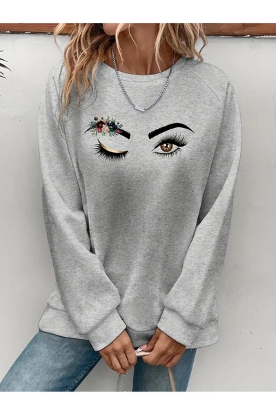 WOODROFFE سويت شيرت نسائي رمادي كبير الحجم مطبوع برقبة دائرية