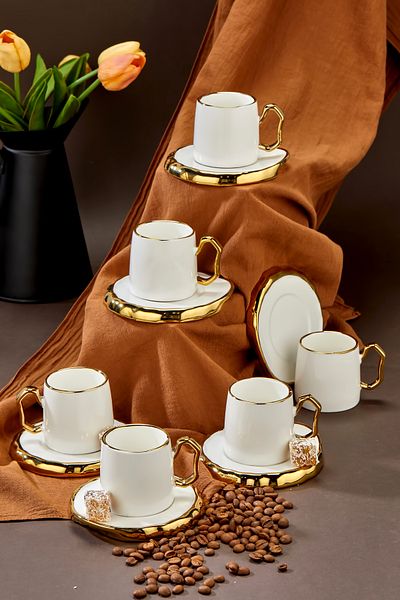 Vadi Carmen 6-Person Porcelain Gold Detailed Teacup Set
