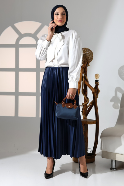 GİYSA Fusta lungă hijab din satin cu talie elastică indigo pentru femei - 2024-2