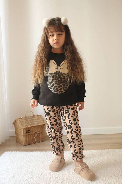 Lolliboomkids Set de sus și de jos de iarnă pentru fete, negru, cu imprimeu leopard Mickey Raster