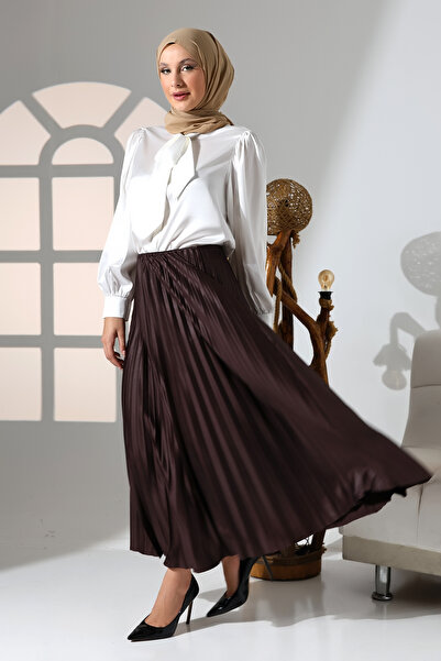 GİYSA Дамска кафява плисирана сатенена дълга хиджаб пола с еластична талия - 2024-2