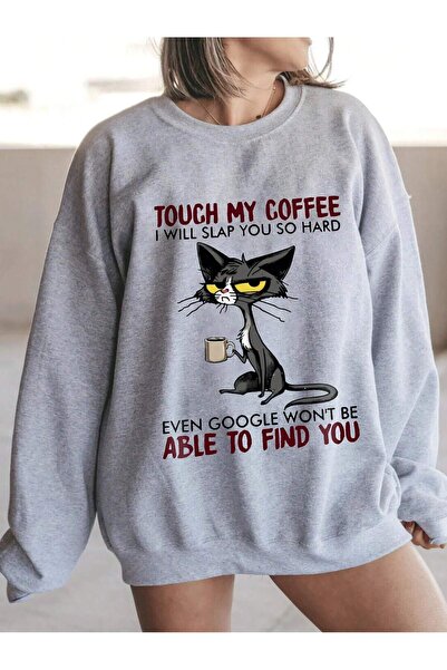 Frisson Γυναικείο φούτερ με στάμπα Coffee and Cat, με λαιμόκοψη ποδηλάτου, σε...