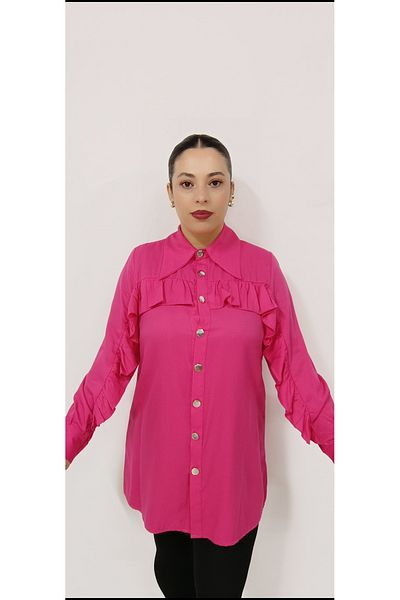 AKŞEN GİYİM METAL BUTTONED COTTON SATIN FABRIC TUNIC/SHIRT WITH CHEST AND RUFFLE DETAIL TO ARMS