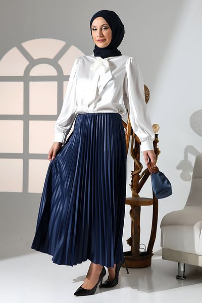 GİYSA Fusta lungă hijab din satin cu talie elastică indigo pentru femei - 2024-2