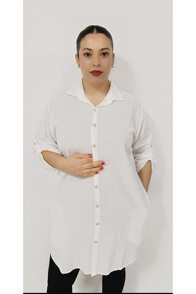 AKŞEN GİYİM Plus Size 100% Cotton Linen Authentic Tunic with High Collar Side Pockets and Slits on the Sides
