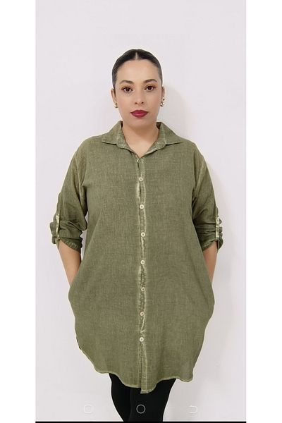 AKŞEN GİYİM LARGE SIZE 100% COTTON LINEN DOMINANT COLLAR WITH SIDE POCKETS SLIT SIDE FOLDABLE SLEEVE TUNIC