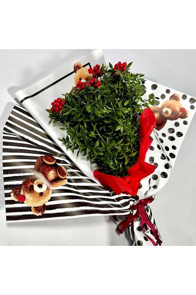 weloveis 50Mic Matte Porlize-10 Sheets Floral Bouquet Paper - Gift Bouquet with Teddy Bear Pattern and Frame