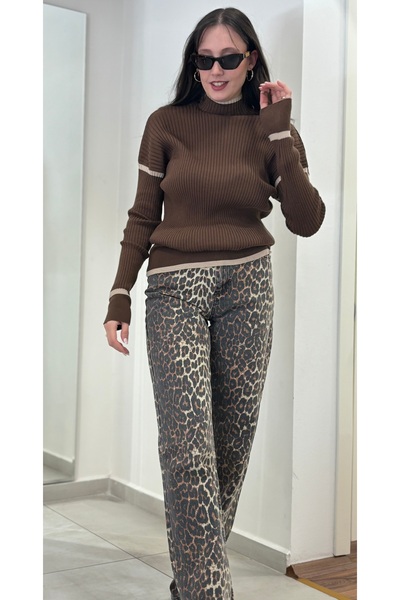 LACORİNO Yüksek Bel , Leopar Desenli Bol Paça Kot Pantolon