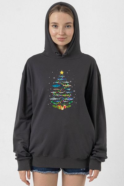 Tshirthane Smoked Women's 2Ip Hooded Shark Christmas Tree
