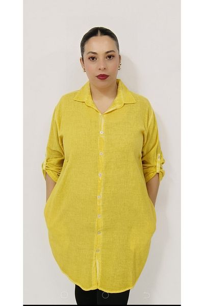 AKŞEN GİYİM LARGE SIZE 100% COTTON LINEN DOMINANT COLLAR WITH SIDE POCKETS SLIT SIDE FOLDABLE SLEEVE TUNIC