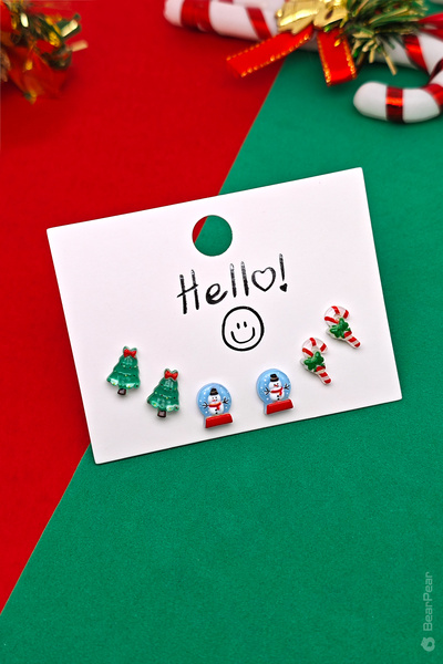 BP Tattoo Yılbaşı Küpesi Noel Temalı 6'lı Küpe Set Kar Küresi ve Çam Küpe