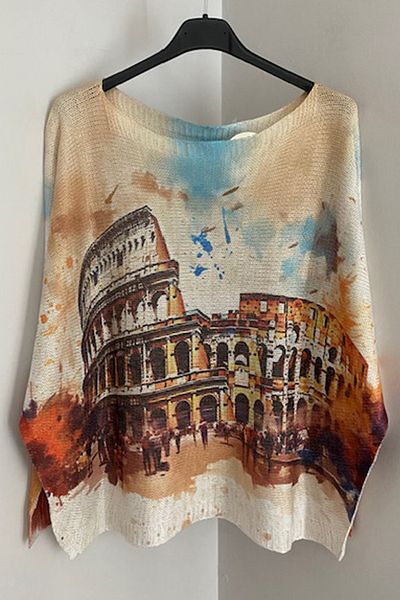 AYASOFYA OTANTIK Women's Italian Off-White Silvery Colosseum Print Long Sleeve Mercerized Blouse Sweater