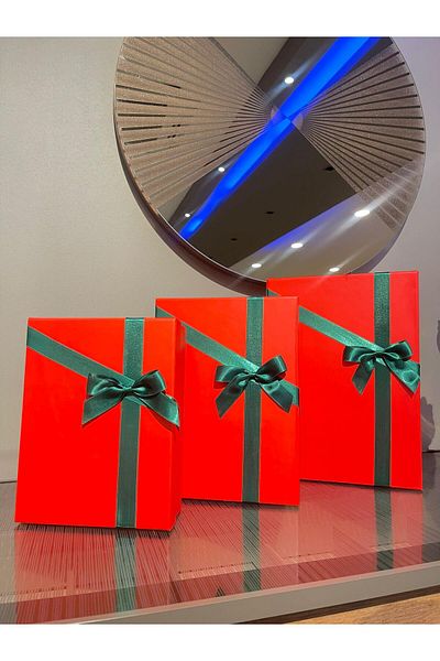KOLİX Kolix 3-Piece Decorative Green and Red Bow Gift Box - 35X25X13 cm Large Size