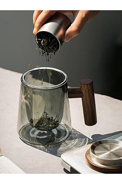 morponi Borosilicate Glass Glass Mug with Wooden Handle and Wooden Lid Glass Strainer 440 ml