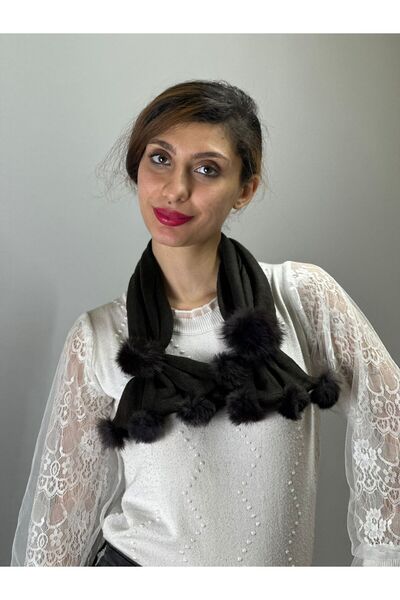 Gönülden Tasarım Women's Scarf Necklace - Fur Pompom, 40X10 cm Gi?Yi?M Accessories, Brown