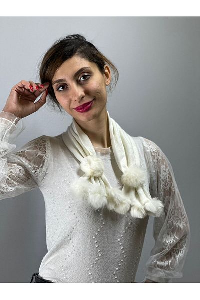 Gönülden Tasarım Eșarfă de damă cu pompon din blană albă - Accesoriu pentru îmbrăcăminte pentru gât 40x10 CM