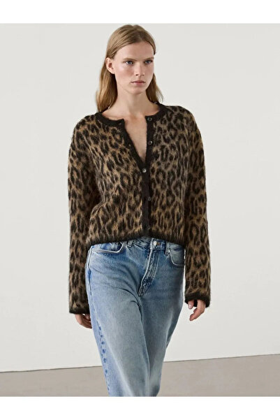 npLStore Ženski okrugla kragna smeđi Sa leopard dezenom Vuna komadni kardigan
