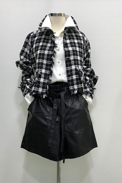 Çikoby Girl's Checkered Tweed Jacket - Leather Shorts - Shirt Set