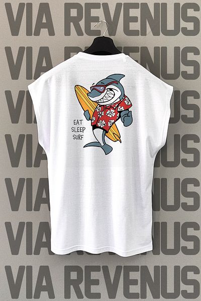 Vordevia Eat Sleep Surf / Αθλητικό μπλουζάκι με μανίκια από 100% βαμβάκι με στάμπα Shark
