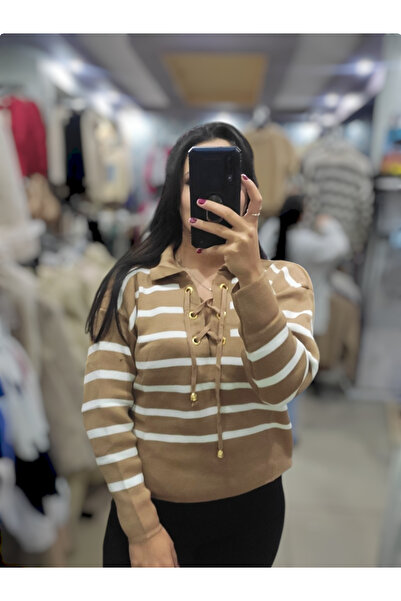 Sublime Butik Pulover de damă cu guler cu șireturi, cu decolteu în V, cu dungi
