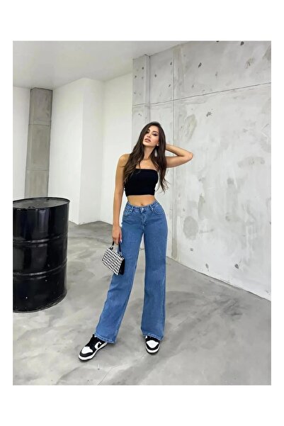 TEM MODA بالازو من الليكرا باللون الأزرق الفاتح بخصر عالٍ للغاية