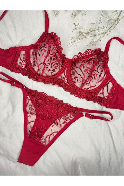 ROZENİN LINGERIE New Year's Gift Red Floral Underwire Capless Embroidery Bra Set (Large and Small Size)