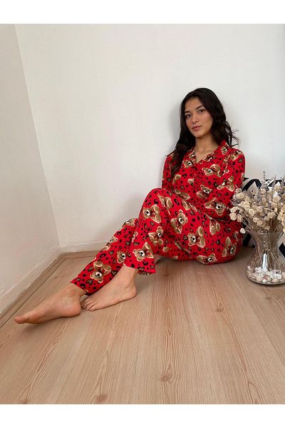 MUSD LİFE Red Teddy Bear Print Jacket Collar Buttoned Pajama Set - Pijamerry