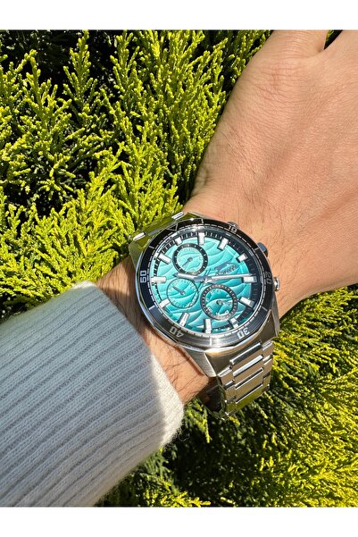 Slazenger 5 ATM Su Geçirmez Gümüş Kordonlu,Siyah-Turkuaz Geçişli,Dalgalı Kadr...