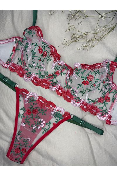 ROZENİN LINGERIE Christmas Gift Red Green Floral Underwire Cupless Tulle Bra Set (Bra Thong)