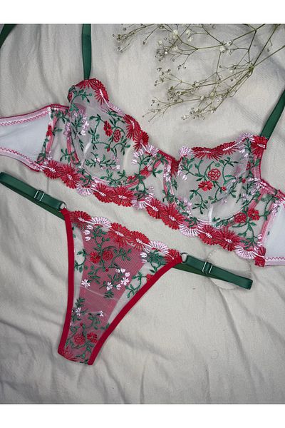 ROZENİN LINGERIE Christmas Gift Red Green Floral Underwire Cupless Tulle Bra Set (Bra Thong)