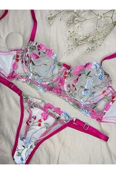 ROZENİN LINGERIE Set sutien din tul fără cupă cu sârmă, verde fucsia (SUTIEN TANGA)
